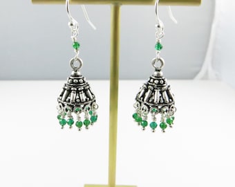 Green Onyx & Sterling Silver Jhoomka, Jhumka, Chandelier Earrings, Bollywood Style - Ready to Ship (E107)