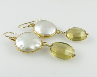 Coin Pearl and Whiskey Quartz Dangle Earrings - Gold Fill - Ready to Ship (E185)