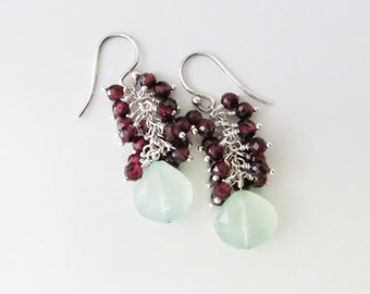 Chalcedony and Garnet Cluster Earrings - Sterling Silver, Gemstone Beads - Ready to Ship (E154)