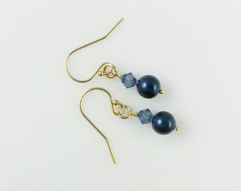 Blue Pearl Drop Earrings - Swarovski, Gold Fill - Ready to Ship (E239D)