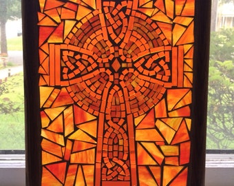 Orange Celtic Cross mosiac stained glass hanging window art