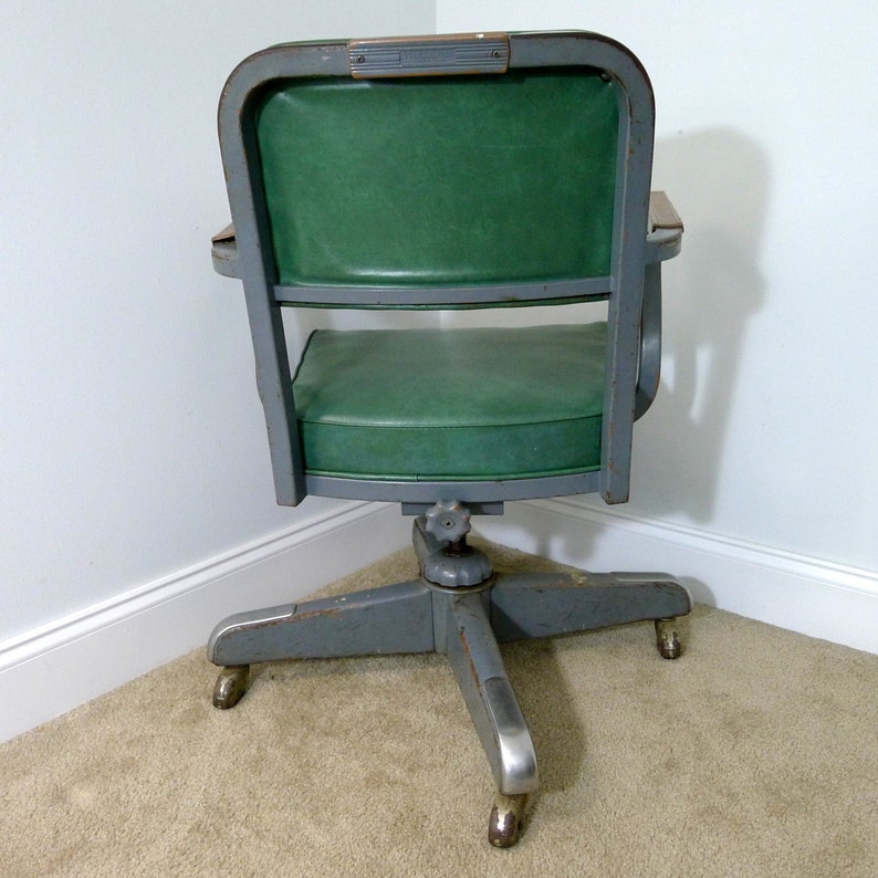 Vintage Green Steelcase Green Vinyl Desk Chair, Steel Industrial Office Chair, Steampunk, Swivels, Armrests, Wheels, Adjustable, Mid Century image 3