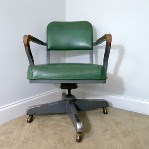 Vintage Green Steelcase Green Vinyl Desk Chair, Steel Industrial Office Chair, Steampunk, Swivels, Armrests, Wheels, Adjustable, Mid Century image 2