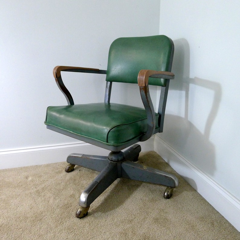 Vintage Green Steelcase Green Vinyl Desk Chair, Steel Industrial Office Chair, Steampunk, Swivels, Armrests, Wheels, Adjustable, Mid Century image 1
