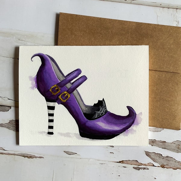 Purple Witch Shoe Art- A2 Halloween Watercolor Greeting Card and Envelope