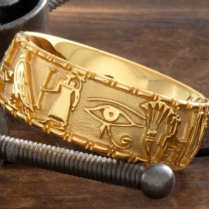 Egyptian Gold Ring, Hieroglyphic Ring, Ancient Ring, Cartouche Ring, 14k Yellow Gold Ring, Custom 8mm Ring, Men's Wedding Band, Handmade