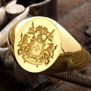 Create Your Family Crest Signet Ring, Solid 14k Gold Wax Seal Signet Ring, Men&#39;s Intaglio Gold Ring, Artisan Handmade Custom Ring
