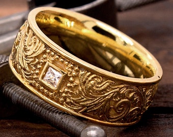 Gold Victorian Ring, Diamond Ring, Gemstone Ring, Solid 14k Yellow Gold Ring, European Inspired Ring, Engraved Ring, Custom Wedding Band
