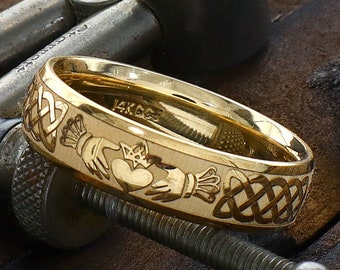 Solid 14k Gold Celtic Claddagh Ring, Solid 14k Gold Wedding Band, 6mm Gold Wedding Band, Irish Braid Ring, Personalizable Ring