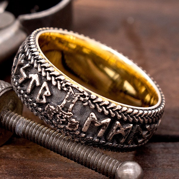 Two Tone Silver Gold Viking Ring, Viking Runes Ring, Norse Ring, Solid 14k Yellow Gold, Thor's Hammer Ring, Mjölnir Ring, Men's Wedding Band