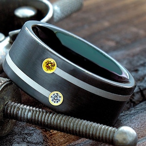 Tungsten Ring, Birthstone Ring, Gemstone Ring, Black Tungsten, Mens Wedding Band, Personalized Ring, Diamond Wedding Band,  Citrine Ring
