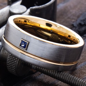 Rose Gold Tungsten Carbide Wedding Band with Sapphire, Custom Birthstone Ring, 8mm Wedding Band, Personalized Engraved Ring for Him and Her