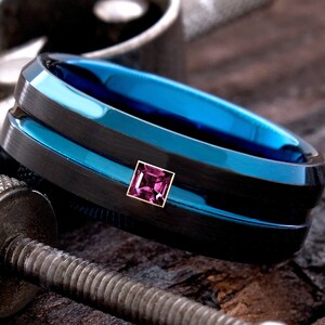 Square Amethyst Tungsten Ring - Black Blue Tungsten Ring - Purple Amethyst Wedding Band - Men Wedding Ring - Tungsten Ring - Promise Ring