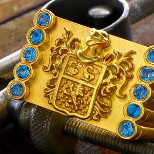 Family Crest Signet Ring, Solid 14k Gold Ring, Blue Topaz Ring, Men&#39;s Signet Ring, Medieval Ring, Medieval Heraldic Ring, Custom Handmade
