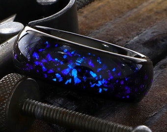 Black Tungsten Ring with Blue Crushed Opal Ring, 8mm Tungsten Ring, Galaxy Ring, Personalized Wedding Ring, Gift for Him, Custom Ring