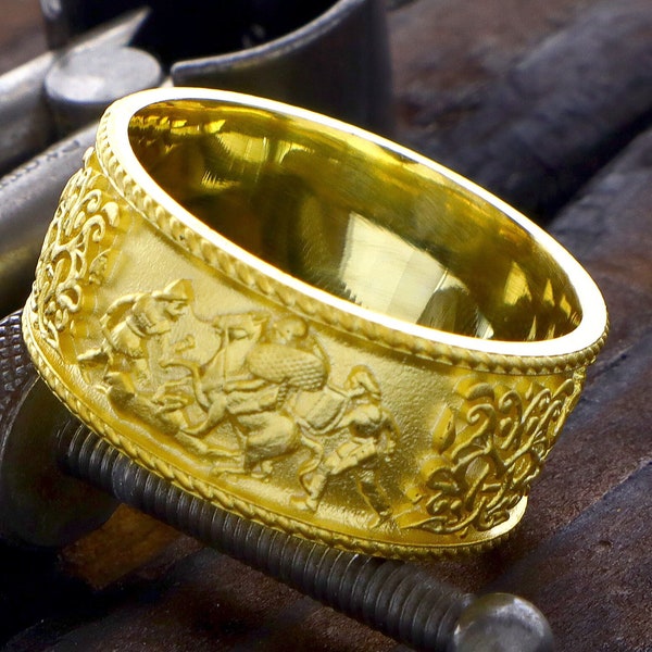 Scythian Gold Ring, Solid Yellow Gold Ring, Men's Wedding Ring, Custom Gold Ring, Asian Gold Ring, Ancient Ring, Handmade Ring, Scythian Art