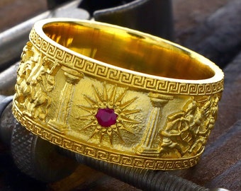 Alexander the Great Ring, Solid 14k Gold Ring, Men&#39;s Wedding Ring, Custom Gold Ring, Red Ruby Ring, Ancient Greek Ring, Handmade Ring