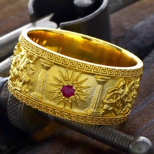 Alexander the Great Ring, Solid 14k Gold Ring, Men&#39;s Wedding Ring, Custom Gold Ring, Red Ruby Ring, Ancient Greek Ring, Handmade Ring