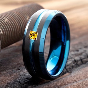 Square Citrine Tungsten Ring - Black Blue Tungsten Ring - Yellow Citrine Wedding Band - Men Wedding Ring - Tungsten Ring - Mens Promise Ring