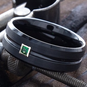 Emerald Wedding Ring, Black Tungsten Ring, Square Emerald Ring, Mens Engagement Ring, Mens Wedding Ring, Tungsten Ring, Tungsten Band
