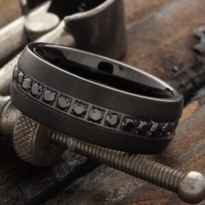 Black Tungsten Wedding Band with Cubic Zirconia Black Stones for Him and Her, Handmade Custom Engraved Ring, Personalized Wedding Ring