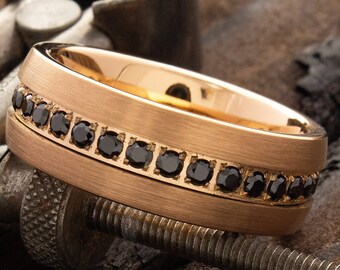 Rose Gold Plated Wedding Band with Black Cubic Zirconia Stones, Handmade Custom Engraved Ring, Personalized Wedding Ring, Gift for Her