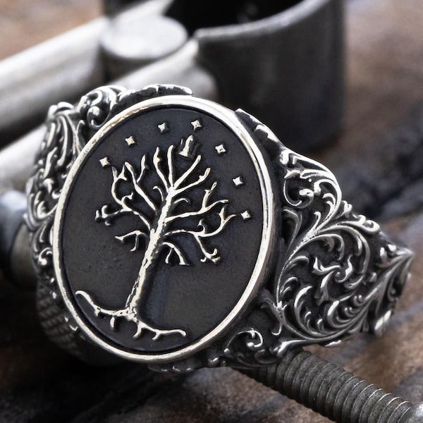 Oude elfen sterlingzilveren zegelring, middeleeuwse fantasie geïnspireerde zwarte zegelring, zilveren ring voor mannen en vrouwen, bloemen zilveren ring