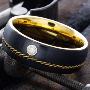 Black and Yellow Gold Tungsten 8mm Wedding Band with Diamond, Custom Personalized Ring for Him and Her, Engraved Wedding Band, Braided Ring