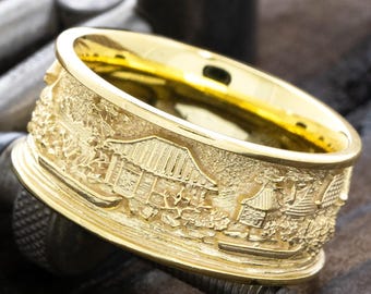 Ushibori Japanese Art Inspired Solid Gold Band, Japanese Woodblock Print Inspired Gold Ring, 10mm Asian Gold Band for Him and Her