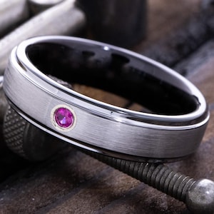 Tungsten Carbide Silver and Black 6mm Wedding Band, Gemstone Ring, Custom Birthstone Ring, Personalized Ring for Him and Her, Gift for Her