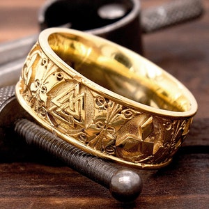 Norse Viking Solid Gold Ring with Runes, Medieval Ring, Solid Gold Wedding Band, Norsemen Ring, Handmade Artisan Ring, 8mm Wedding Ring