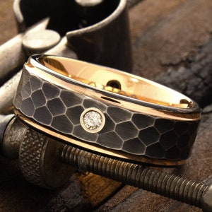 Tungsten Diamond Wedding Ring - Men&#39;s Wedding Band - Hammered Black Tungsten Ring - Rose Gold & Black Tungsten Ring - Gemstone Wedding Band