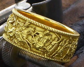 Medieval Knight Ring, 18k Solid Gold Warrior Ring, Gothic Mens Signet Ring, Handmade Battlefield Ring, Custom Gift for Him