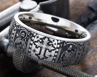 8mm Titanium Christian Ring, Deep Engraved Saints and Cross Band, Jesus Virgin Mary Religious Ring, Men's Christian Wedding Band