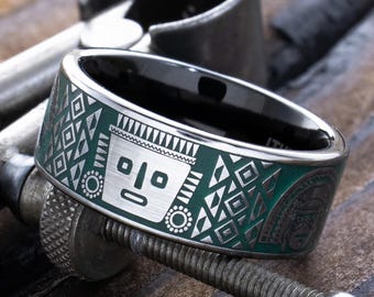 9mm Flat Tungsten Carbide Native American Ring, Tribal Symbol Band, Dark Green Enamel Design, Black Interior Silver Exterior Ring