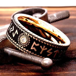 Tungsten Ring - Custom Made Ring - Rose Gold Tungsten - Black Wedding Band - Viking Ring - Runic Ring - Runes Ring - Diamond Wedding Band