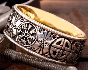 Vikingring, Vikingtrouwring, Noorse runenring, jubileumring, herentrouwring, op maat gemaakte ring, zilveren en 14k massief gouden ring