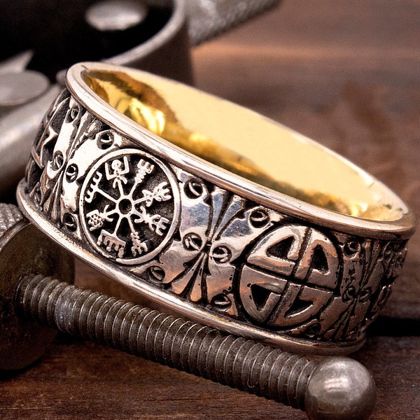 Wedding Ring, Silver Gold Viking Ring, Viking Rune Ring, Norse Runes Ring, Solid 14k Yellow Gold, Men's Wedding Band, Custom Made Ring, 9mm