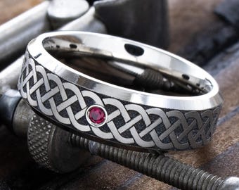 Celtic Knot Titanium Ring, 7mm Deep Engraved Wedding Band, Custom Gemstone in Solid Gold Bezel