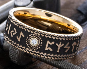 Viking Rune Tungsten Ring, 8mm Rose Gold Plated Band, Custom Gemstone Ring for Him and Her