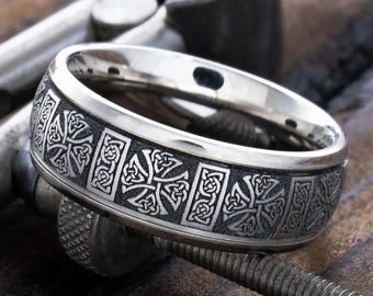 8mm Titanium Celtic Cross Ring, Deep Engraved Celtic Knot Band, Men’s Titanium Wedding Ring, Celtic Wedding Band