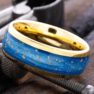 Blue and Green Sand Gold Flecked Tungsten Carbide Wedding Band, 8mm Engagement Ring for Him and Her, Personalized Engraved Ring for Couples
