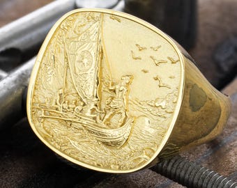 Pacific Voyagers Signet Ring, Solid 14K Gold, 3D Relief of Pacific Islanders in a Sailboat