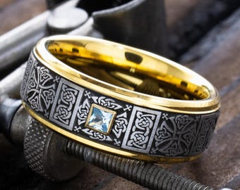 8mm Yellow Gold Tungsten Ring, Celtic Cross Band, Princess Cut Gemstone Ring, Deep Engraved Celtic Knot Wedding Band