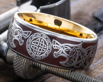 Viking Wolf Ring, Rose Gold 9mm Tungsten Wedding Band, Norse Rune & Enamel Ring, Personalized Mens Gift for Him