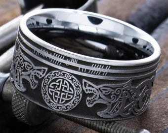 Viking Wolf Tungsten Carbide Ring, 12mm Deep Engraved Norse Band with Rune Symbol