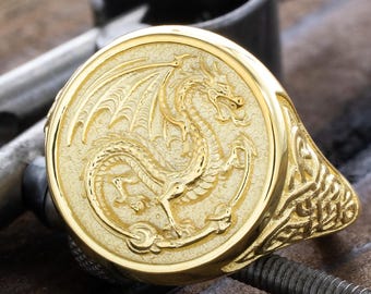 Celtic Dragon Signet Ring, Solid Gold 14k Ring with Sculpted Dragon and Knotwork Details