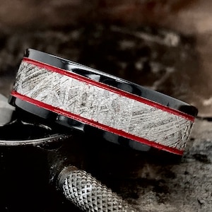 Real Meteorite Ring, Black Zirconium Ring, Meteorite Mens Band, Meteorite Rings, Mens Meteorite Ring, Black Red Mens Ring, Mens Wedding Band