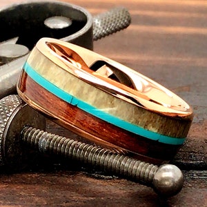 Mens Tungsten Ring - Personalized Ring - Mens Wedding Band - Antler Wedding Band - Wooden Ring - Turquoise Ring - Rose Gold Tungsten