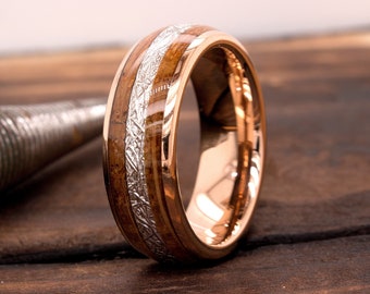 Wood Wedding Band - Tungsten Wood Ring - Meteorite Ring - Mens Tungsten Band - 8mm Tungsten Ring - Rose Gold Tungsten - Rose Gold Ring